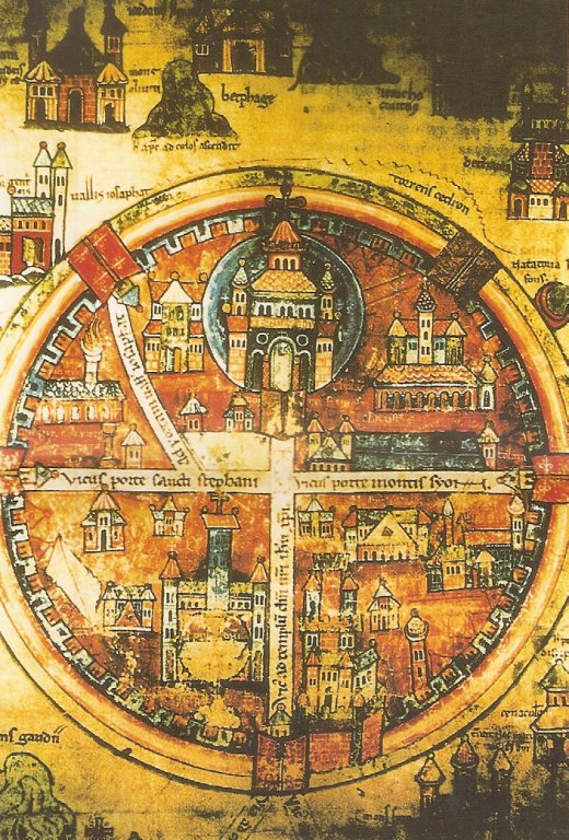 Encomienda de Arville. Mapa de Jerusalén. Crónicas de las Cruzadas de Robert Lemoine de Reims, abad de Saint Rémy. Manuscrito del siglo XII. Uppsala- Suecia. H. Vassal. Mavao.