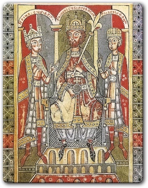 Federico Barbarroja junto a su hijo Enrique y Federico, duque de Suabia, en un manuscrito del siglo XII