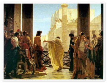 Poncio Pilatos presenta a un Jesús maltrecho al populacho judio intentando en vano su liberación